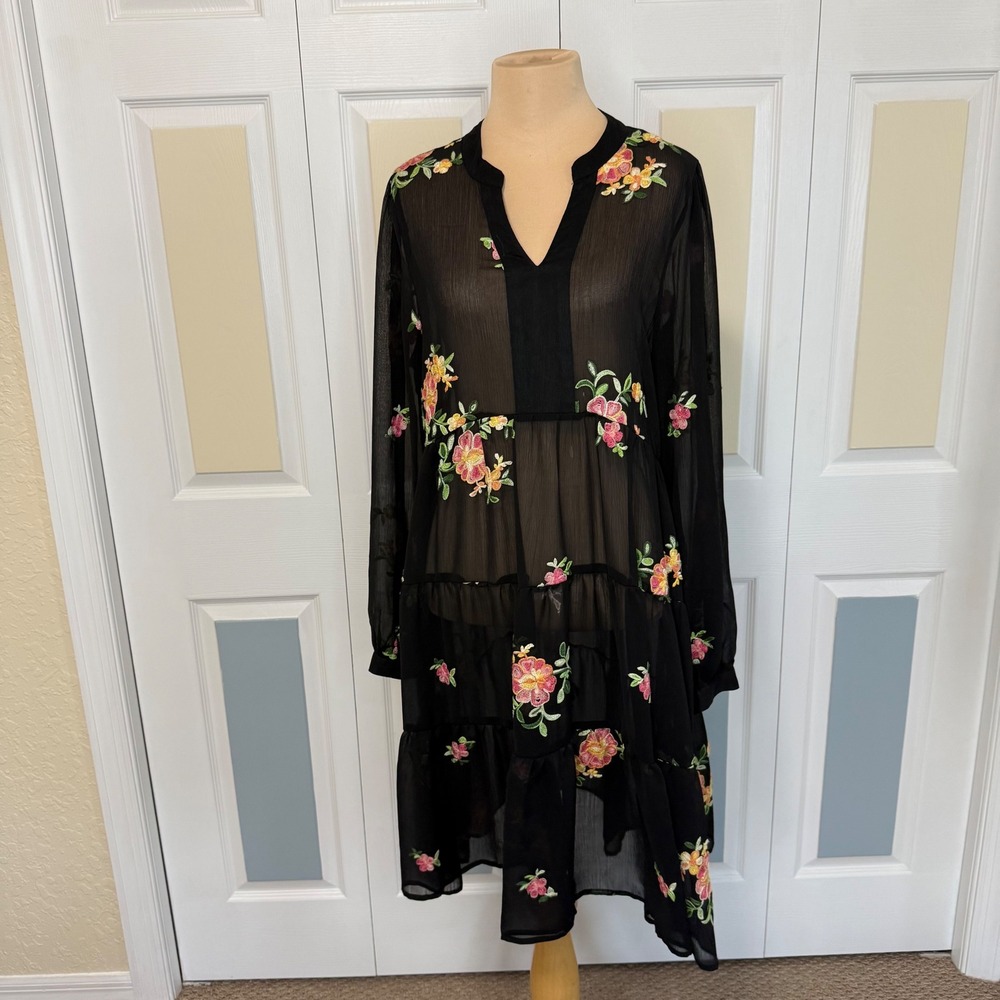 Figueroa & Flower Womens Black Floral Embroidered Tiered Sheer Boho Tunic Dress